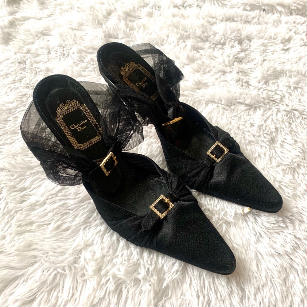 VINTAGE Dior organza rhinestone heeled mules